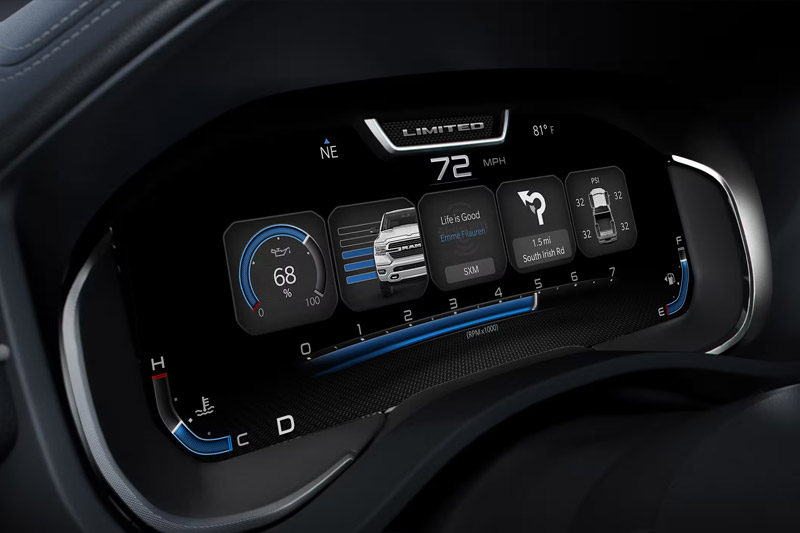 A close-up of the Driver Information Digital Cluster Display in the 2023 Ram 1500