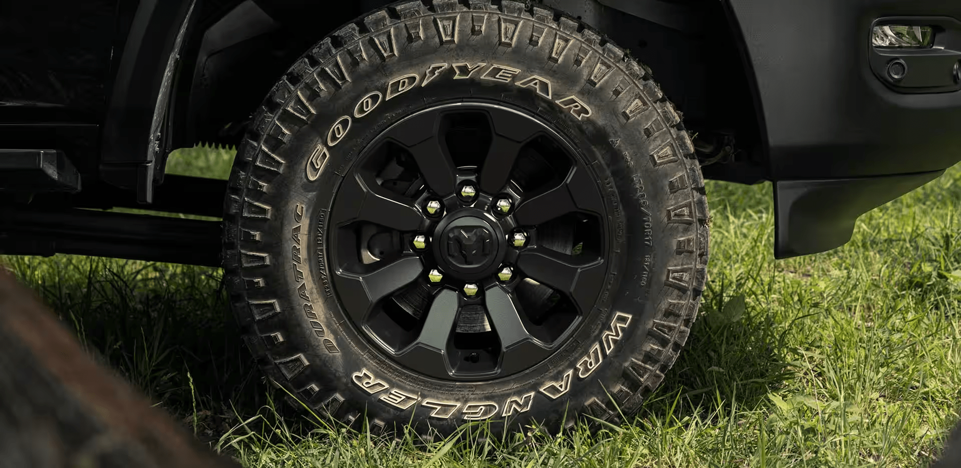 A close-up of a wheel and tire on the 2024 Ram 2500 Power Wagon.